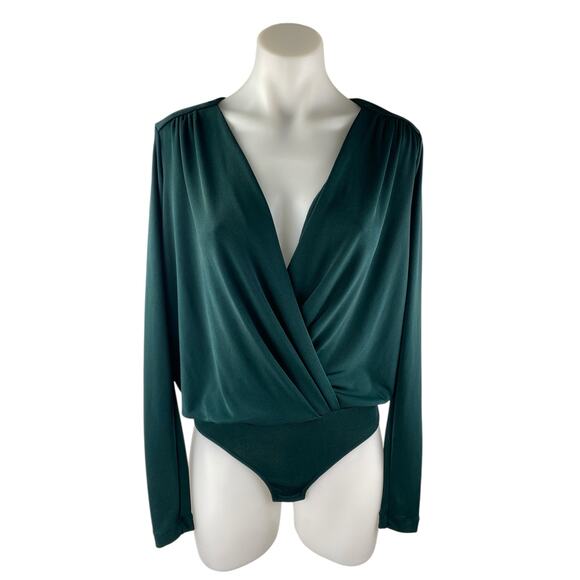 Free People Turnt Green Long Sleeve Draped V Neck Wrap Bodysuit Blouse Top Sz S - Picture 1 of 4